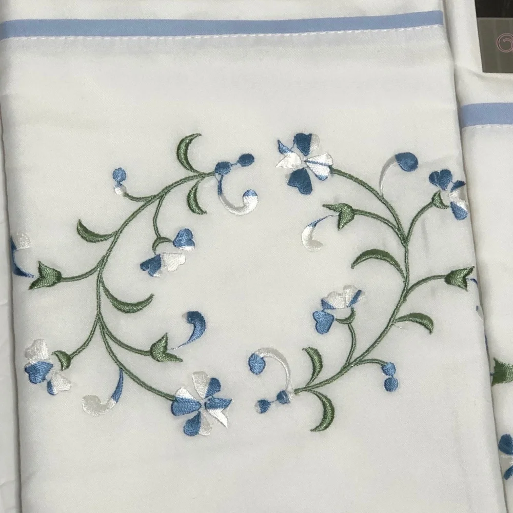 Violet Linen Elegante Pillow Cases Standard Size White- Blue Floral Embroidery